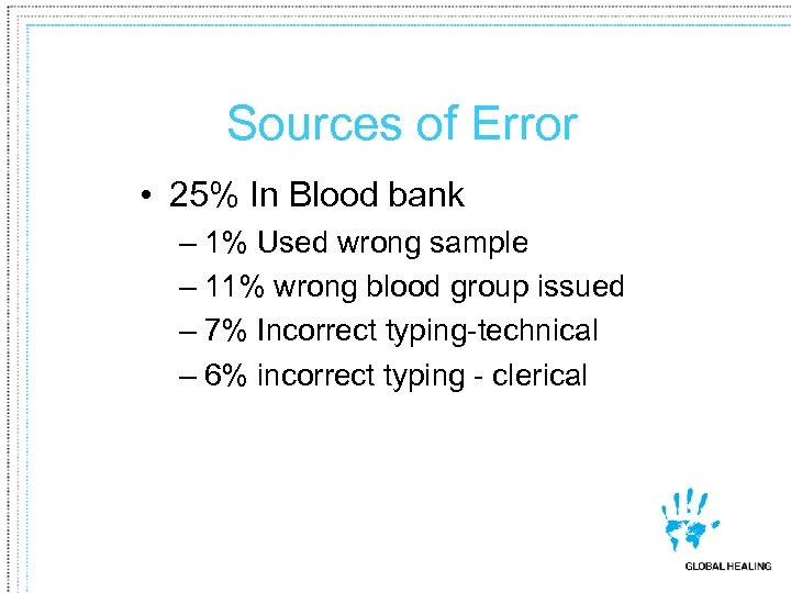 Sources of Error • 25% In Blood bank – 1% Used wrong sample –