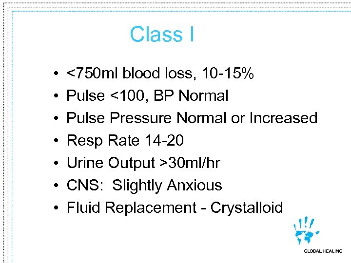 Class I • • <750 ml blood loss, 10 -15% Pulse <100, BP Normal