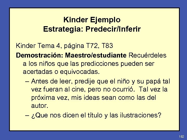 Kinder Ejemplo Estrategia: Predecir/Inferir Kinder Tema 4, página T 72, T 83 Demostración: Maestro/estudiante