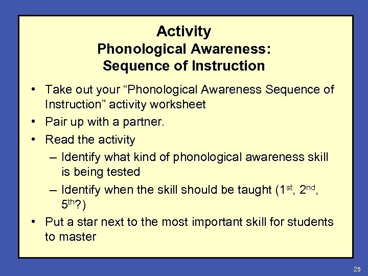 Activity Phonological Awareness: Sequence of Instruction • Take out your “Phonological Awareness Sequence of