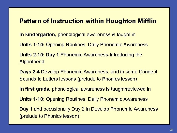 Pattern of Instruction within Houghton Mifflin In kindergarten, phonological awareness is taught in Units