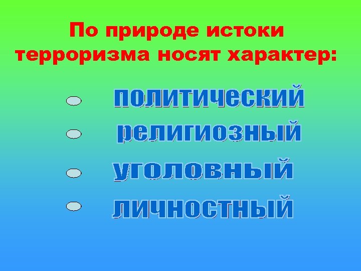 По природе истоки терроризма носят характер: 