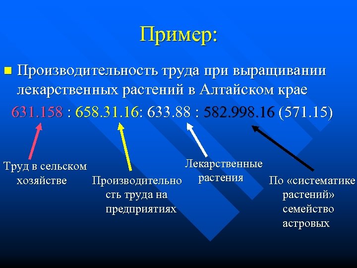 Пример: Производительность труда при выращивании лекарственных растений в Алтайском крае 631. 158 : 658.