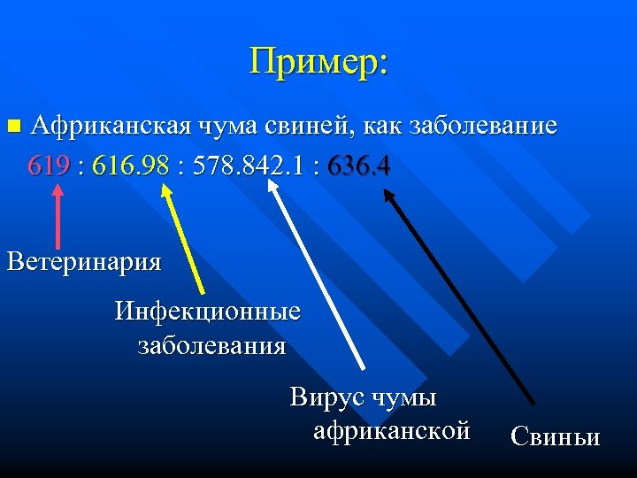 Пример: n Африканская чума свиней, как заболевание 619 : 616. 98 : 578. 842.