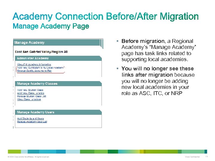 § Before migration, a Regional Academy’s “Manage Academy” page has task links related to