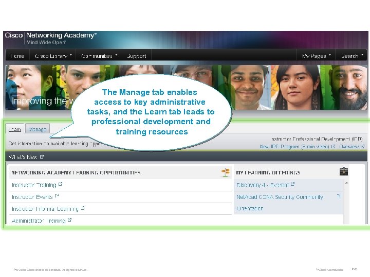 The Manage tab enables access to key administrative tasks, and the Learn tab leads