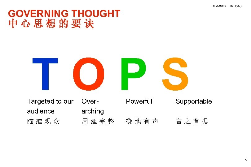 TRPA 000615 TP-RC-1(GB) GOVERNING THOUGHT 中心思想的要诀 TOPS Targeted to our audience 瞄准观众 Overarching 周延完整