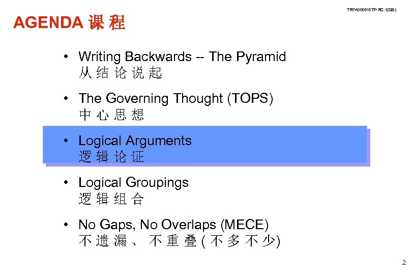 TRPA 000615 TP-RC-1(GB) AGENDA 课 程 • Writing Backwards -- The Pyramid 从结论说起 •