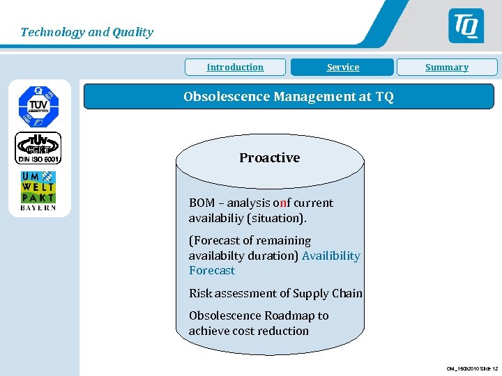 Technology and Quality Introduction Dienstleistung Service Summary Obsolescence Management at TQ Proactive BOM –