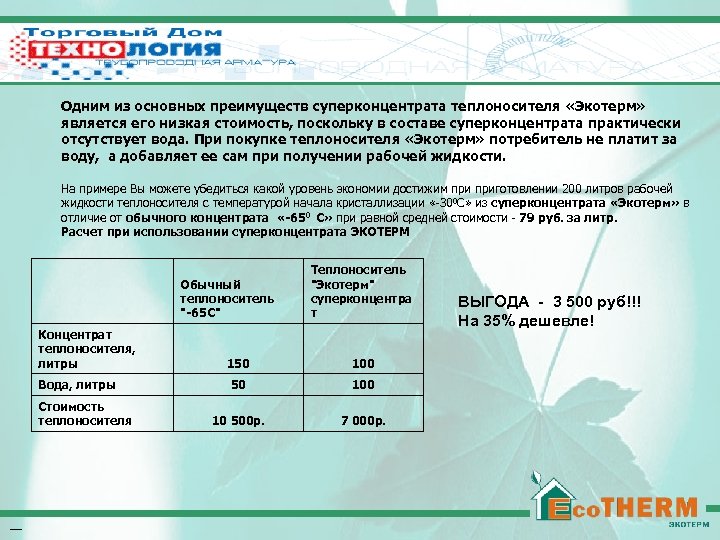Низкозамерзающий теплоноситель Эко. ТЕРМ Одним из основных преимуществ суперконцентрата теплоносителя «Экотерм» является его низкая