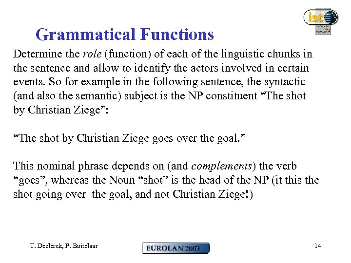 Grammatical Functions Determine the role (function) of each of the linguistic chunks in the