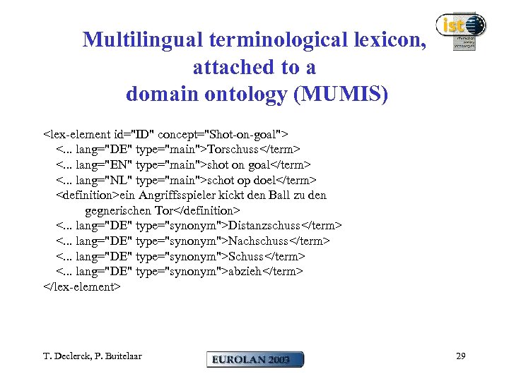 Multilingual terminological lexicon, attached to a domain ontology (MUMIS) <lex-element id="ID" concept="Shot-on-goal"> <. .