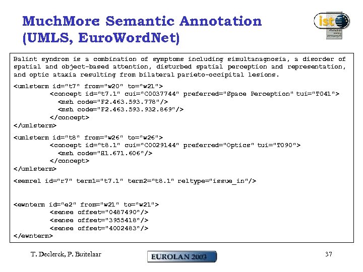 Much. More Semantic Annotation : (UMLS, Euro. Word. Net) Balint syndrom is a combination