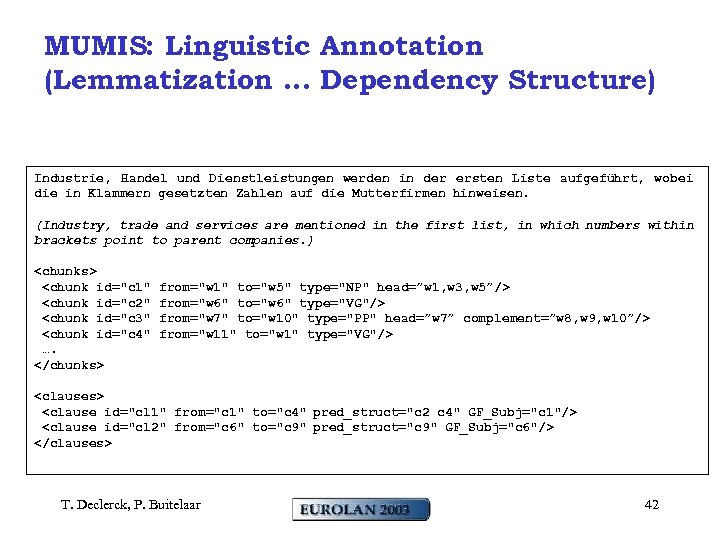 MUMIS: Linguistic Annotation (Lemmatization … Dependency Structure) Industrie, Handel und Dienstleistungen werden in der