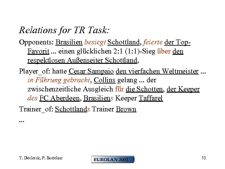IE applied to Relations for TR Task: soccer (3) Opponents: Brasilien besiegt Schottland, feierte