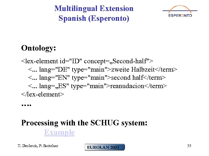 Multilingual Extension Spanish (Esperonto) Ontology: <lex-element id="ID" concept=„Second-half"> <. . . lang="DE" type="main">zweite Halbzeit</term>
