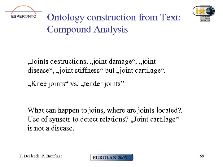 Ontology construction from Text: Compound Analysis „Joints destructions, „joint damage“, „joint disease“, „joint stiffness“