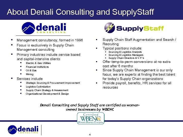 About Denali Consulting and Supply. Staff § Management consultancy, formed in 1996 § Focus