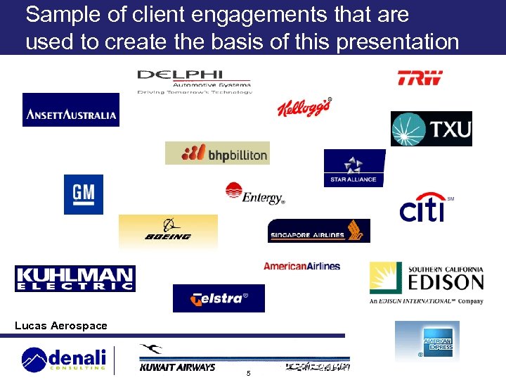 Sample of client engagements that are used to create the basis of this presentation