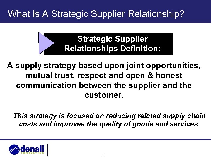 What Is A Strategic Supplier Relationship? Strategic Supplier Relationships Definition: A supply strategy based