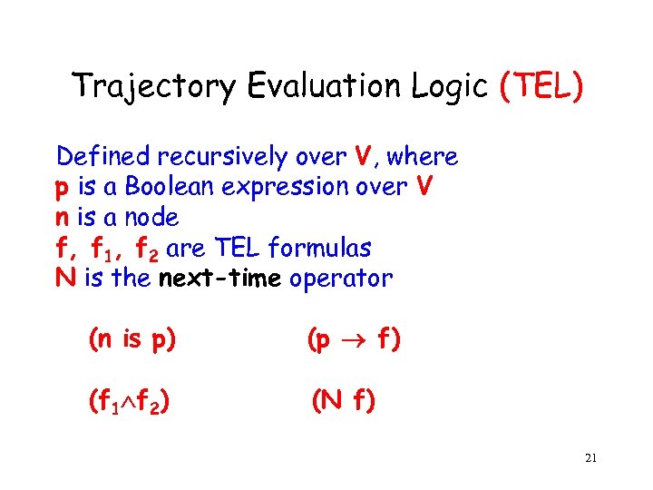 Trajectory Evaluation Logic (TEL) Defined recursively over V, where p is a Boolean expression