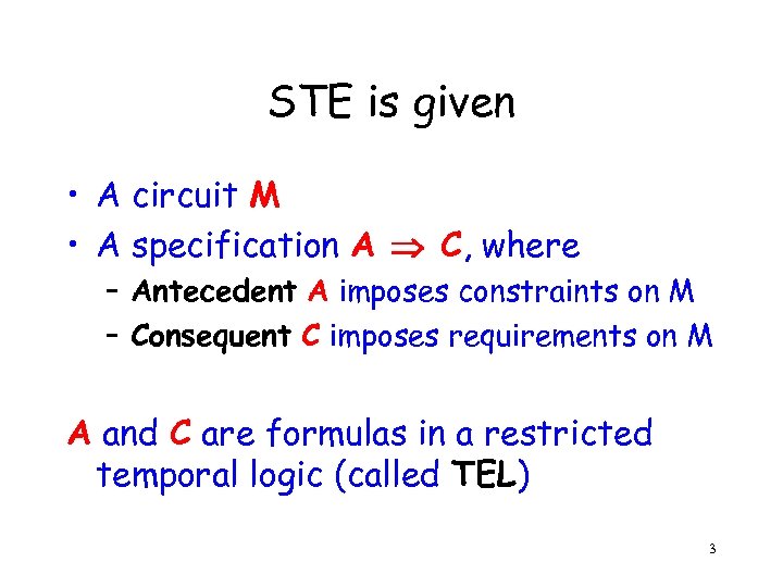 STE is given • A circuit M • A specification A C, where –