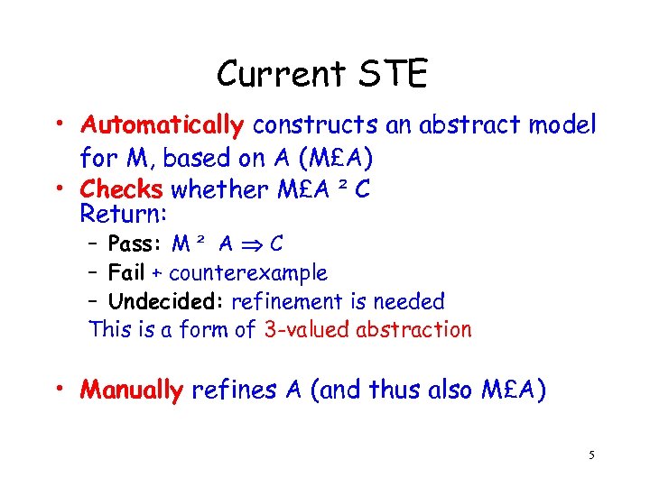 Current STE • Automatically constructs an abstract model for M, based on A (M£A)