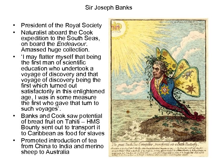 Sir Joseph Banks • President of the Royal Society • Naturalist aboard the Cook