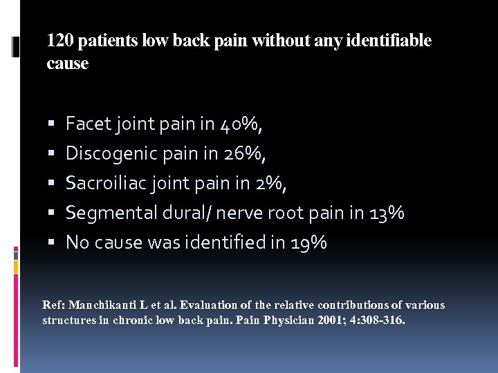 120 patients low back pain without any identifiable cause Facet joint pain in 40%,