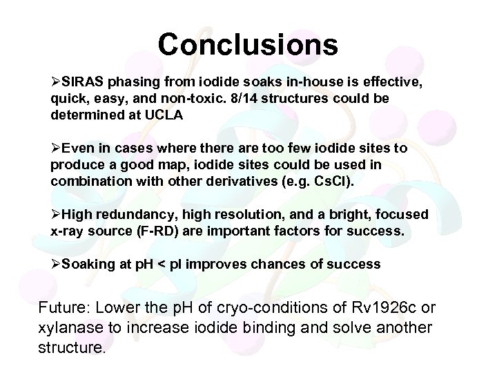 Conclusions ØSIRAS phasing from iodide soaks in-house is effective, quick, easy, and non-toxic. 8/14