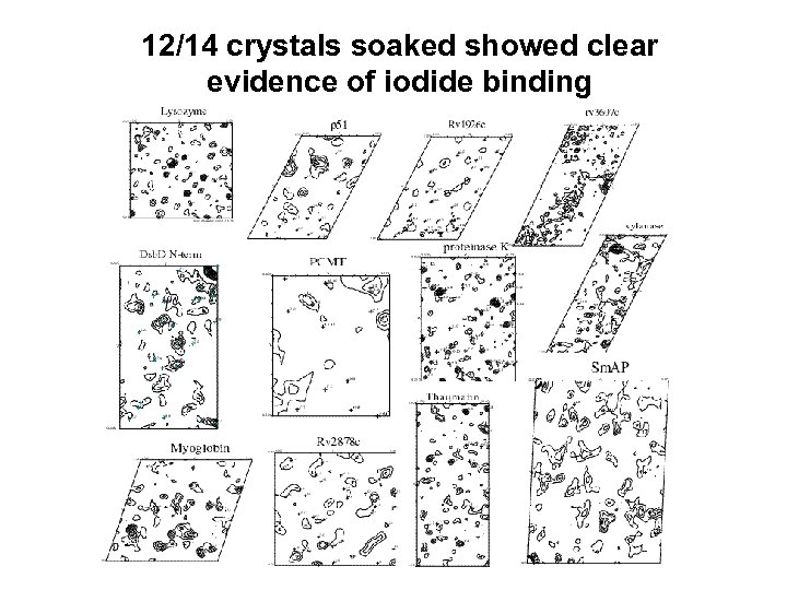 12/14 crystals soaked showed clear evidence of iodide binding 