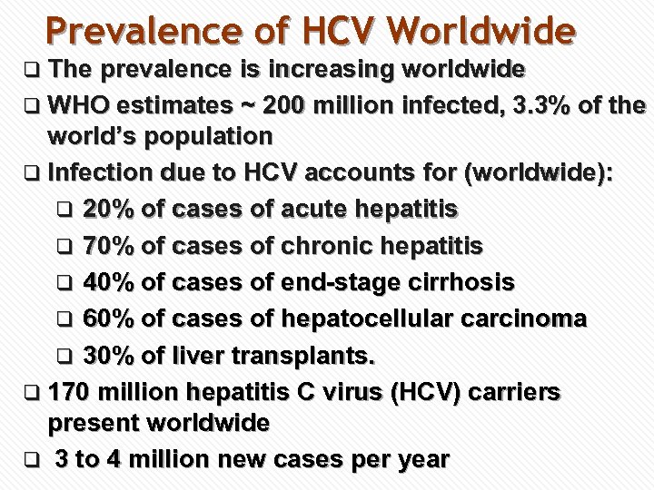 Prevalence of HCV Worldwide q The prevalence is increasing worldwide q WHO estimates ~