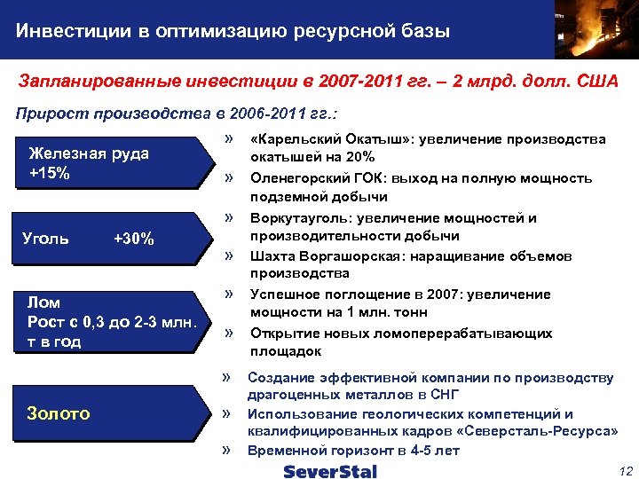 Инвестиции в оптимизацию ресурсной базы Запланированные инвестиции в 2007 -2011 гг. – 2 млрд.
