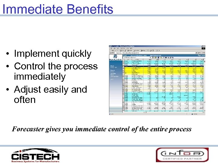 Immediate Benefits • Implement quickly • Control the process immediately • Adjust easily and