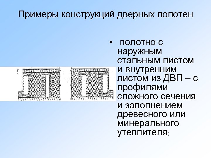 Примеры конструкций дверных полотен • полотно с наружным стальным листом и внутренним листом из