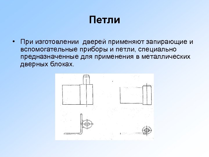 Петли • При изготовлении дверей применяют запирающие и вспомогательные приборы и петли, специально предназначенные