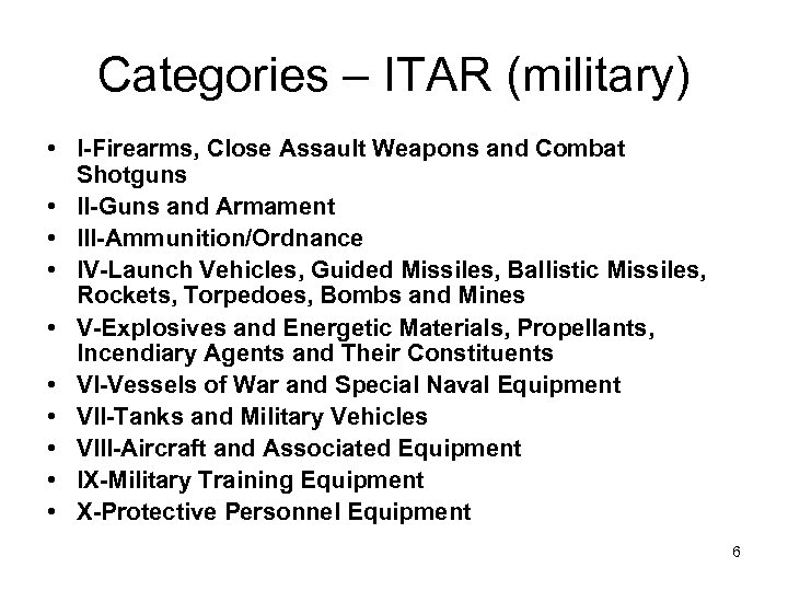 Categories – ITAR (military) • I-Firearms, Close Assault Weapons and Combat Shotguns • II-Guns