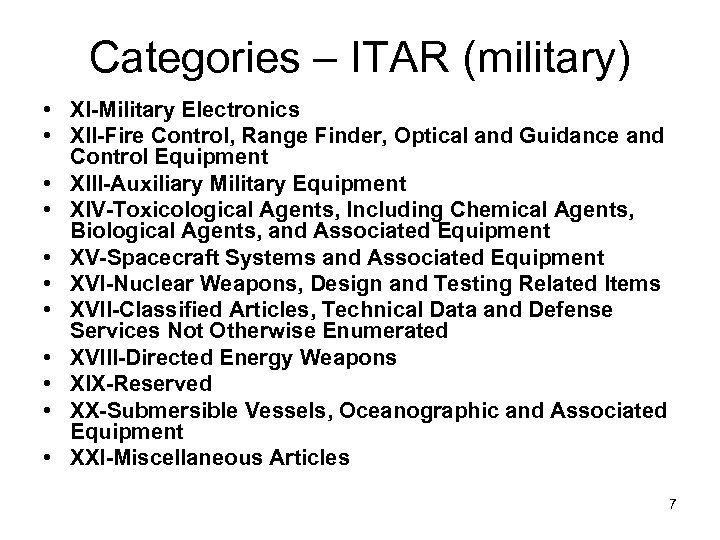 Categories – ITAR (military) • XI-Military Electronics • XII-Fire Control, Range Finder, Optical and