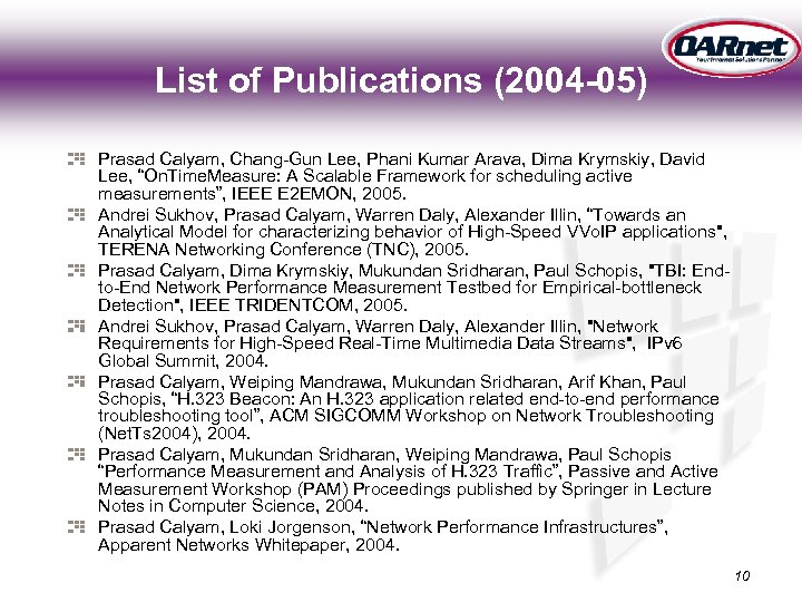 List of Publications (2004 -05) Prasad Calyam, Chang-Gun Lee, Phani Kumar Arava, Dima Krymskiy,