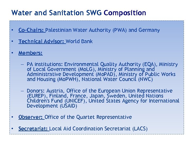 Water and Sanitation SWG Composition • Co-Chairs: Palestinian Water Authority (PWA) and Germany •
