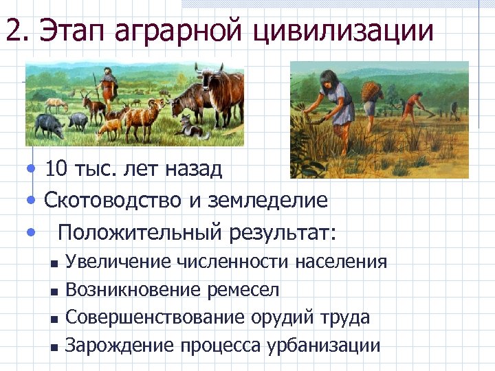 2. Этап аграрной цивилизации • 10 тыс. лет назад • Скотоводство и земледелие •