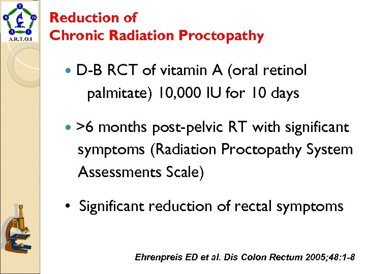 Reduction of Chronic Radiation Proctopathy D-B RCT of vitamin A (oral retinol palmitate) 10,