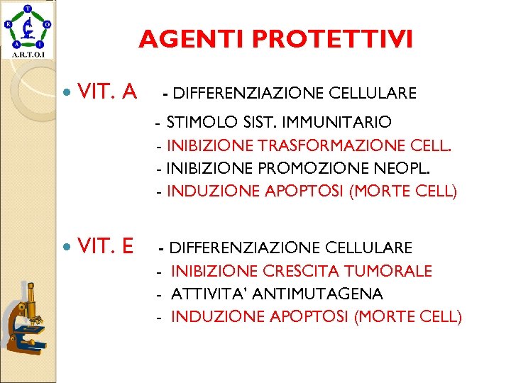 AGENTI PROTETTIVI VIT. A - DIFFERENZIAZIONE CELLULARE - STIMOLO SIST. IMMUNITARIO - INIBIZIONE TRASFORMAZIONE
