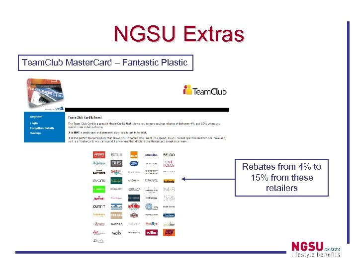 NGSU Extras Team. Club Master. Card – Fantastic Plastic Rebates from 4% to 15%