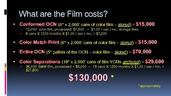 What are the Film costs? Conformed OCN (6* x 2, 000’ cans of color