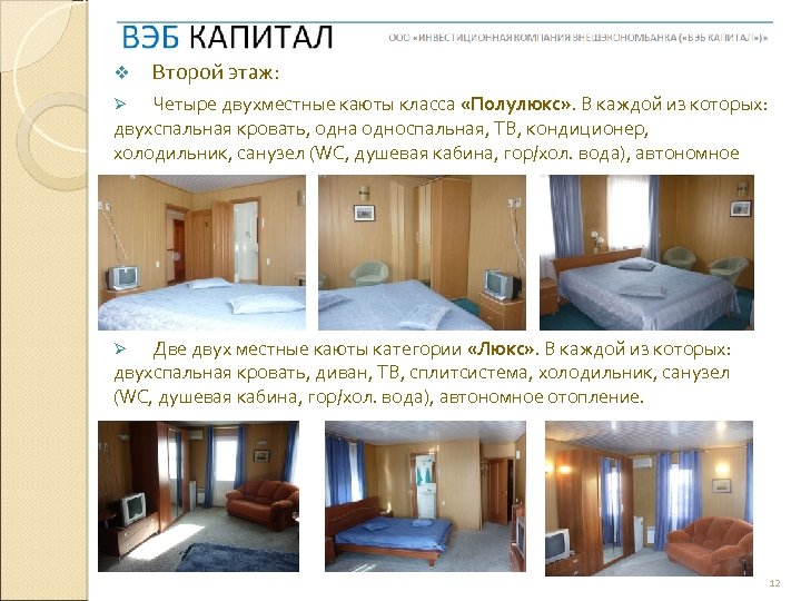 v Второй этаж: Четыре двухместные каюты класса «Полулюкс» . В каждой из которых: двухспальная