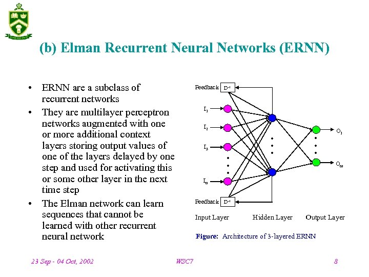 (b) Elman Recurrent Neural Networks (ERNN) • ERNN are a subclass of recurrent networks