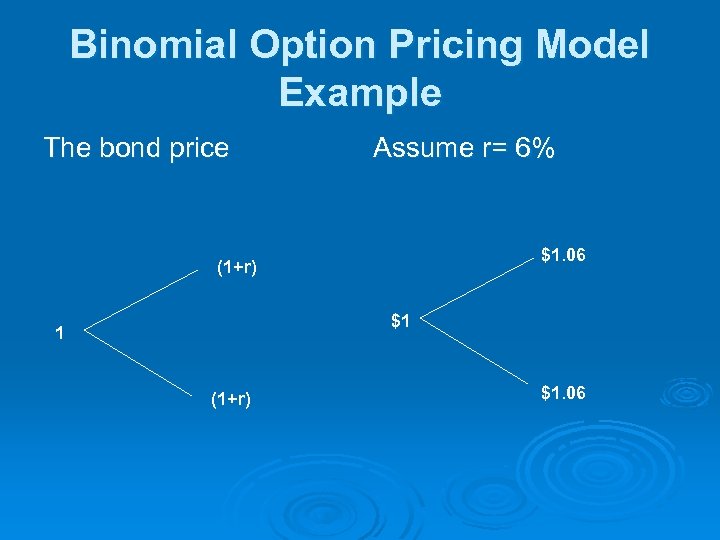 Binomial Option Pricing Model Example The bond price Assume r= 6% $1. 06 (1+r)