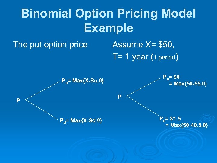 Binomial Option Pricing Model Example The put option price Assume X= $50, T= 1