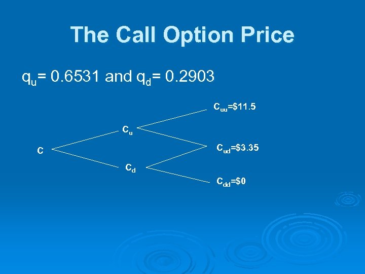 The Call Option Price qu= 0. 6531 and qd= 0. 2903 Cuu=$11. 5 Cu